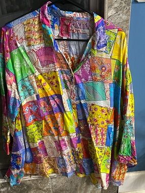 Johnny Was Multicolor Patchwork Floral Button-Up Top